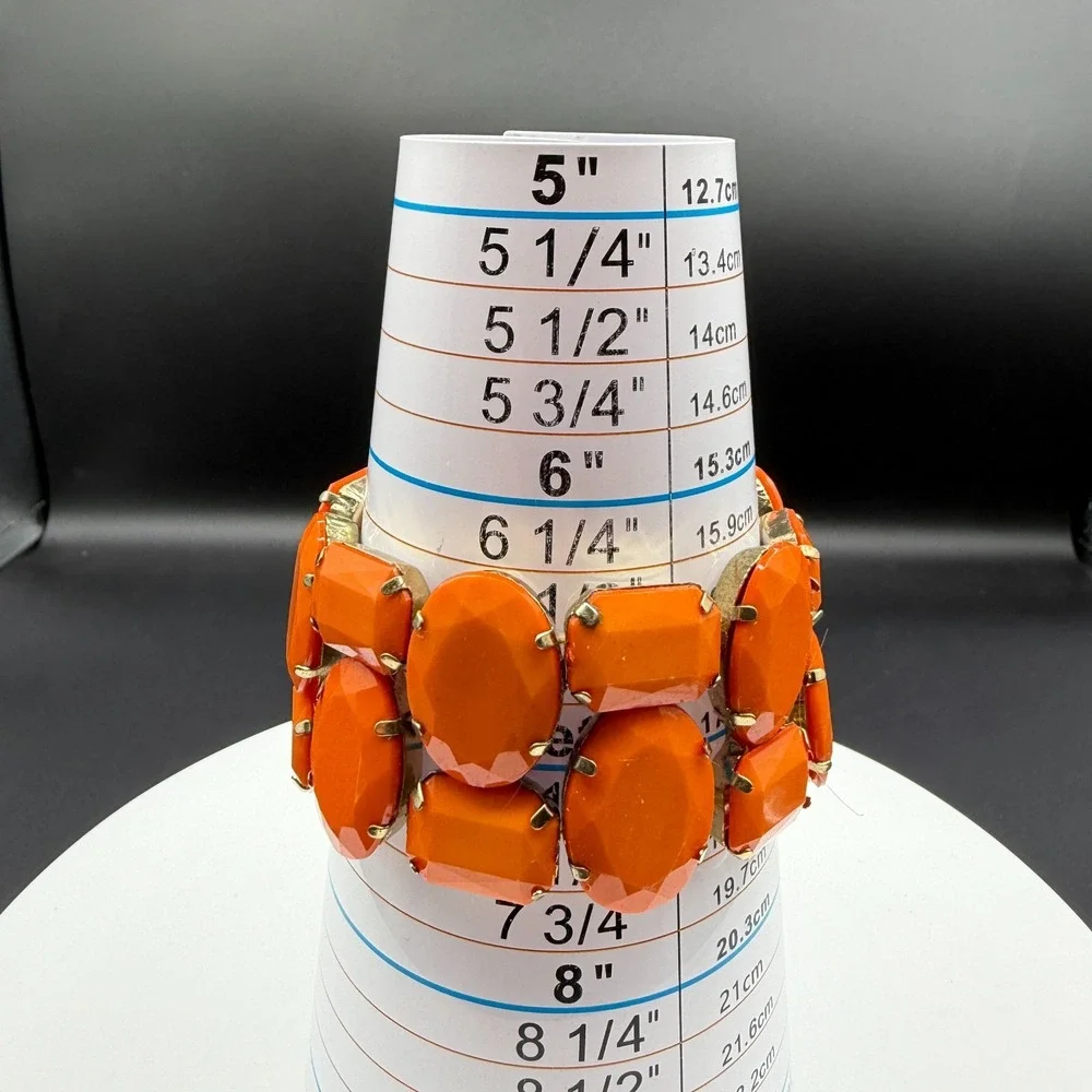 Orange Faceted Rhinestone Stretch Bracelet Chunky Statement Cocktail Boho Gift